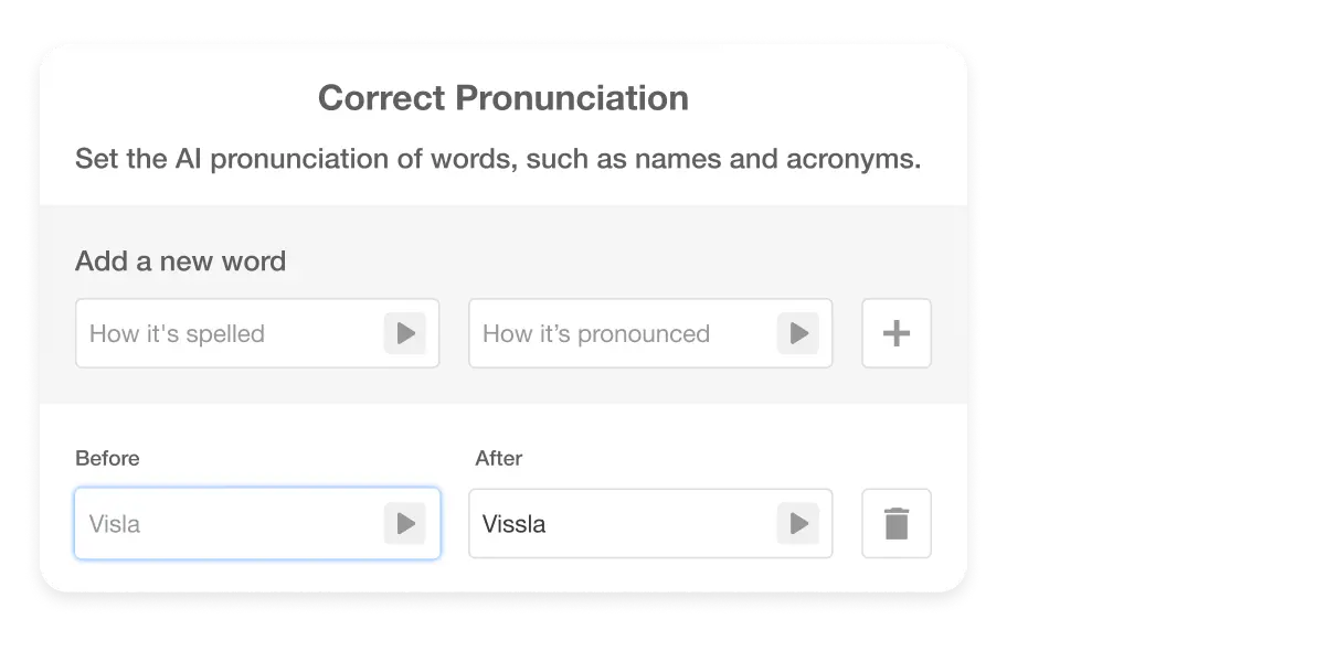 AI Voice Over pronunciation correction feature for setting accurate AI pronunciations of words, names, and acronyms.